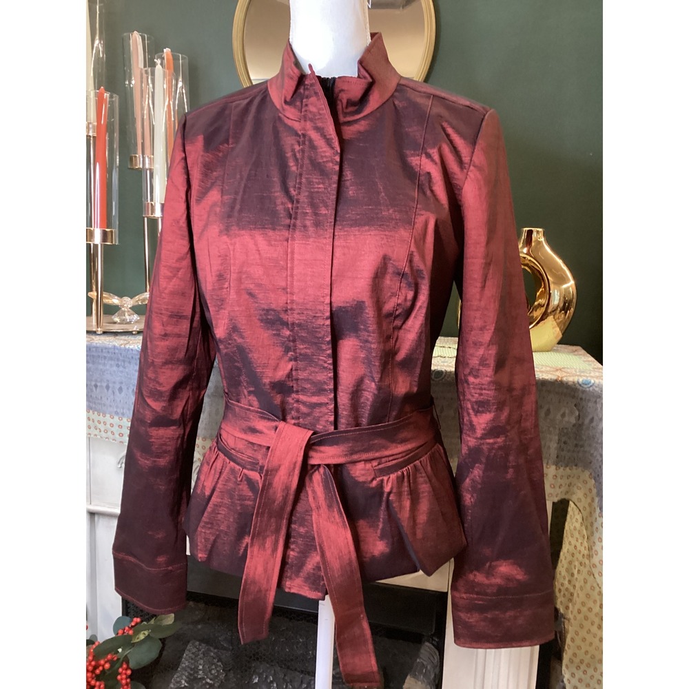 Maggy‎ London Burgundy Iridescent Belted Peplum Jacket Mock Neck Size 12